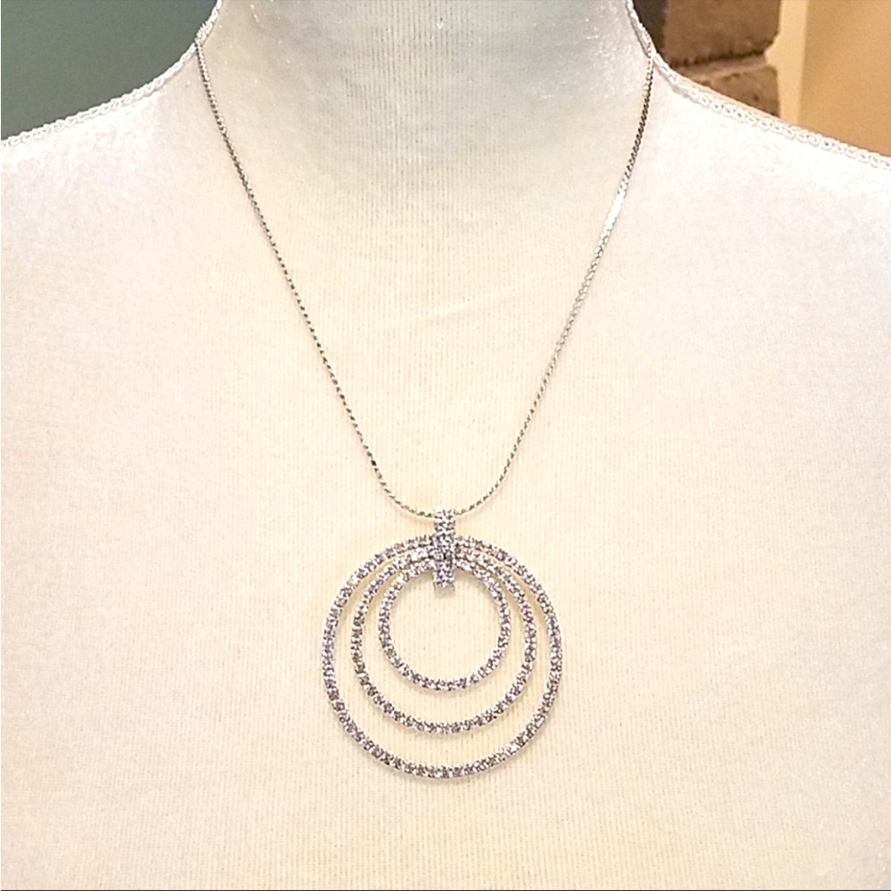 3 Circle Silver and Rhinestone Pendant Necklace